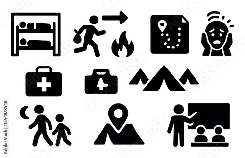 Adventure, camping solid icon set. explore, hiking, travel symbols solid collection