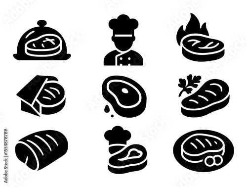 Food and cooking solid icon set. meat, chef, grill icons solid collection.