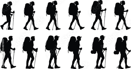 Hiking couple silhouette vector, outdoor trekking walking people with backpack and sticks, travel adventure design, isolated hiker pose art