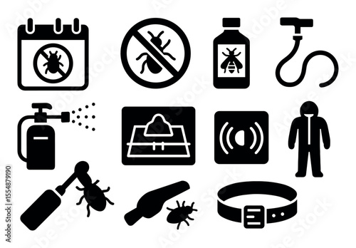 Pest control filled icon set: insect management and prevention essential collection