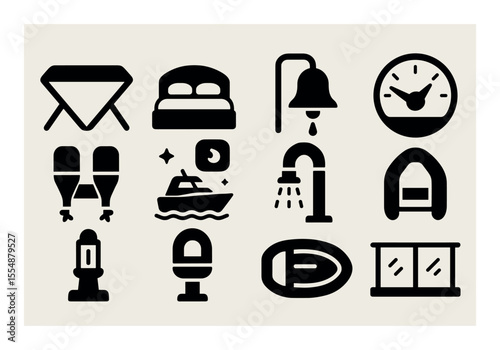 Hotel services solid icon set. accommodation, amenities, travel pictograms collection