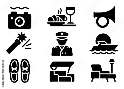 Travel and leisure silhouette icon set. vacation, adventure, lifestyle silhouette icons