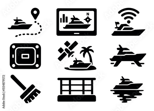 Marine transport silhouette icon set. nautical, boating symbols silhouette collection