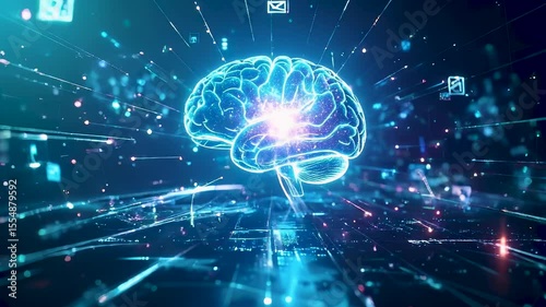 Glowing digital brain immersed in a flow of data icons representing subconscious learning, information streaming into the mind through futuristic neural interfaces in a dreamlike digital space.