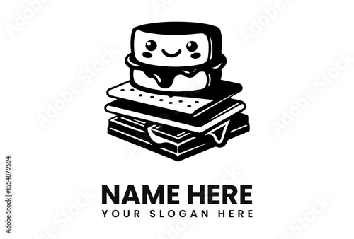 Cartoon illustration of a s'more with a smiling marshmallow face, stacked between graham crackers and chocolate.