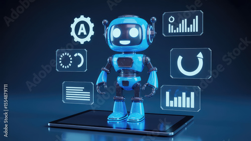 Wallpaper Mural AI Chatbot Data Analysis: A cute, shiny blue AI chatbot standing atop a tablet screen, surrounded by futuristic data analysis diagrams, showcasing the cutting edge of technology and innovation. Torontodigital.ca