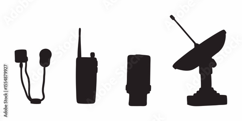 Explore communication devices: radio, satellite dish, and walkie talkie vector silhouette communication tools
