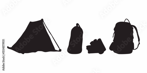 Camping gear essentials tent backpack sleeping bag and hiking boots for outdoor adventure trip packing list silhouette, vector art
