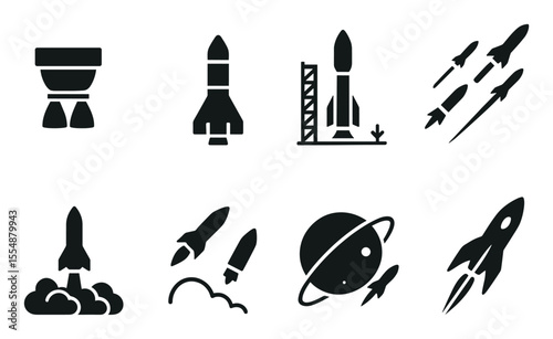 Space exploration silhouette icon set: rockets, planets, and satellites in black