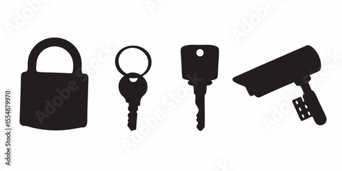 Security lock key and camera vector illustration for protection and surveillance system design concept silhouette
