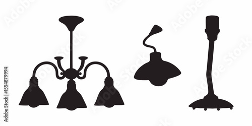 Explore modern lighting solutions: chandelier, pendant, and floor lamp designs for your home decor needs silhouette, vector art