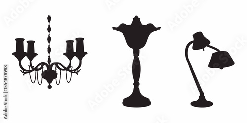 Elegant lighting fixtures silhouette collection featuring chandelier table and desk lamps design vector art