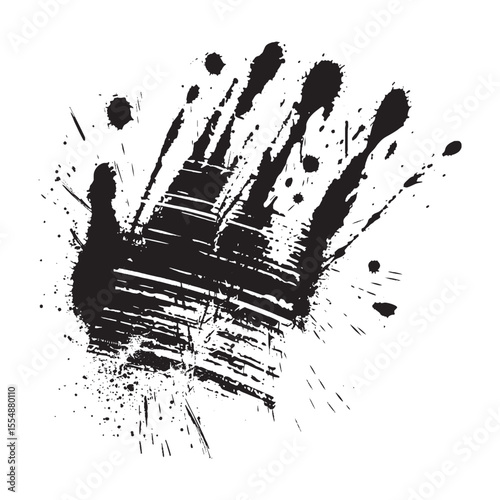 Grunge black ink handprint with paint splashes and smudges isolated on white background, scary messy urban street design, forensic texture, horror theme, abstract dirty mark, wild expression