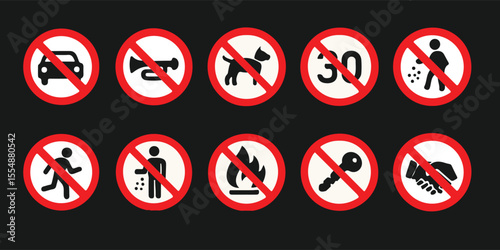 Collection of universal prohibition signs showing various restricted activities