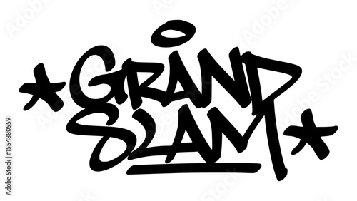 Graffiti tag of "Grand Slam" in bold black hand-drawn style. Urban street lettering with baseball theme and transparent background, perfect for powerful and sporty visual design.