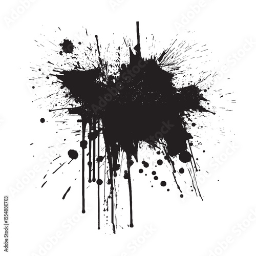 Chaotic ink splatter with dripping paint strokes and explosion elements on white background for grunge banner, street art texture, rebellious graphic design or expressive abstract decoration