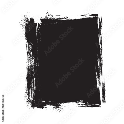 Black square grunge frame with textured paintbrush strokes and ink border on white background for poster design, modern abstract banner, street art visual or creative textured graphic template