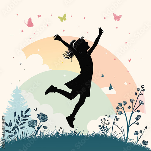 Joyful Silhouette A Little Girl Dancing in a Dreamy Meadow