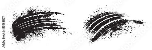 Grunge black tire track imprint with splatter dirt texture isolated on white background vector illustration for automotive offroad race design skid mark dirty rough print element wheel motion