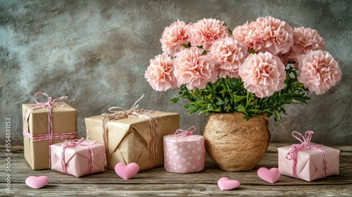 Pink flowers, gifts, & hearts on wood surface