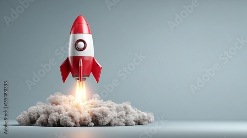 Rocket Launch: A striking image of a red and white rocket launching amidst a cloud of smoke, symbolizing progress and ambition.