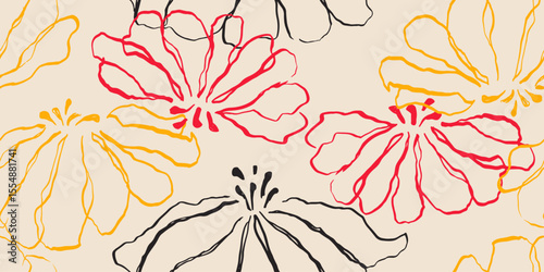 Exotic hand drawn flowers, seamless patterns with floral for fabric, textiles, clothing, wrapping paper, cover, banner, home decor, abstract backgrounds. Vector illustration.