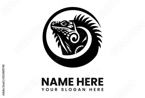Black and white illustration of an iguana head and tail within a circular shape.