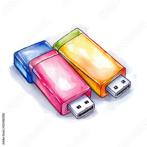 Flash Drives, watercolor drawing vector, isolated on a white background.