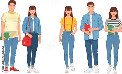 Group of trendy students in casual outfit holding books and bags, standing together, educational concept, cad drawing flat vector illustration
