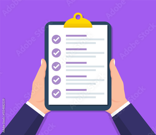 Businessman holding clipboard with checklist in a flat design