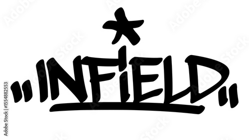 Graffiti tag of "Infield" in bold black hand-drawn style. Urban street lettering with baseball theme and transparent background, perfect for sporty, youth, and field-focused designs.
