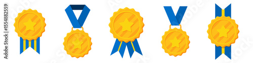 Winner golden medals with blue ribbon and star