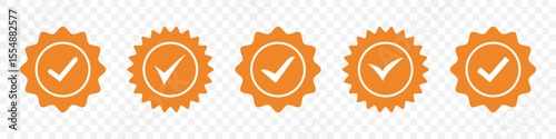 Profile verification icons collection. Set of orange check mark badge icons.