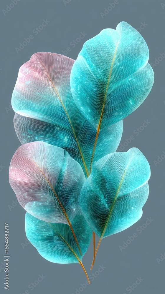 Obraz premium Vibrant Artistic Leaves on Gray Background: Modern Botanical Illustration