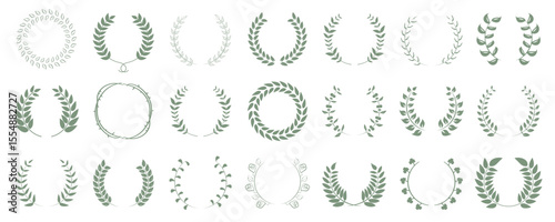 Floral wreath collection. Set of green laurel wreath element for winner, award, champion. Tree branch wreath