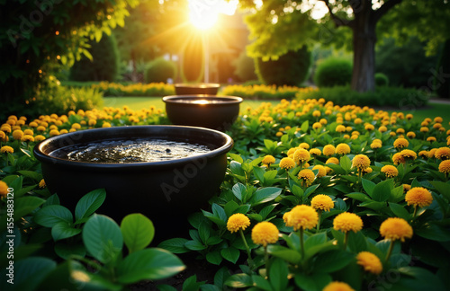 Garden water basins glow in golden hour sunlight.