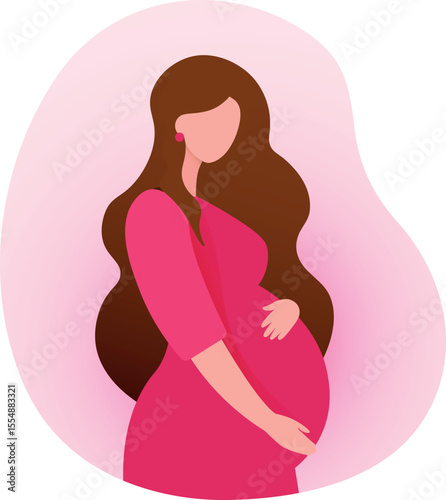 Flat vector illustration of a happy pregnant woman gently hugging her belly, expecting a baby girl – motherhood, maternity, pregnancy love, baby bump, new life, expecting mother, female baby, family