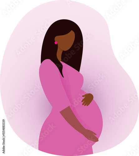Flat vector illustration of a happy pregnant woman gently hugging her belly, expecting a baby girl – motherhood, maternity, pregnancy love, baby bump, new life, expecting mother, female baby, family