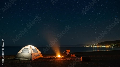 Solitary camper enjoys a coastal campfire under a breathtaking starlit sky.