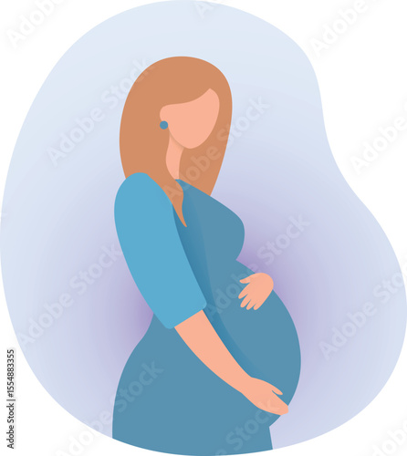 Flat vector illustration of a happy pregnant woman gently hugging her belly, expecting a baby boy–motherhood, maternity, baby bump, pregnancy love, new life, expecting mother, family, woman with baby