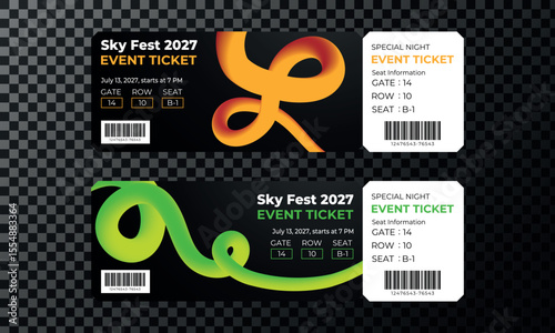 Modern neon admit one ticket template – concert, party or festival event pass with glowing design, transparent background, vector illustration