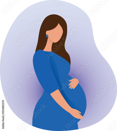 Flat vector illustration of a happy pregnant woman gently hugging her belly, expecting a baby boy–motherhood, maternity, baby bump, pregnancy love, new life, expecting mother, family, woman with baby