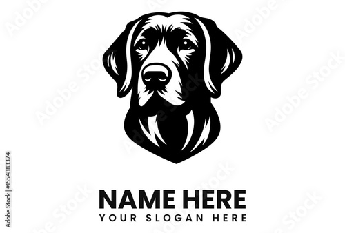 A monochrome illustration of a dog's head, with text below for branding.