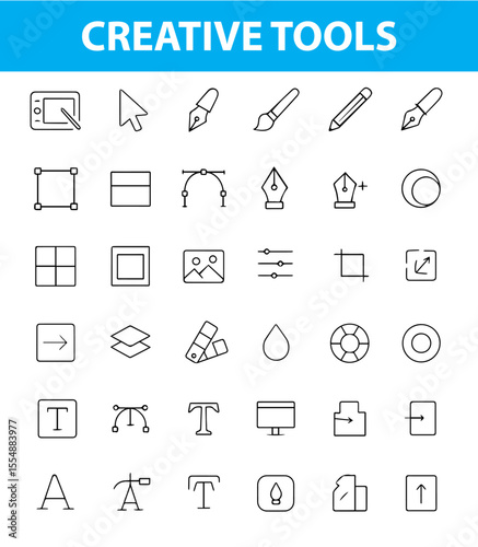 Creative Design Line Icons, Pen Tool, Brush, Artboard, Text Tool, Layers, Color Palette, Crop, Vector Handles, and More , Editable Formats: AI, EPS, JPG, PNG , Ideal for Both Digital and Print Use

