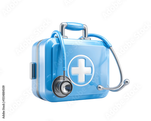 3D icon of a first aid kit with a stethoscope on a transparent background, cross in a blue case, a medical equipment concept.