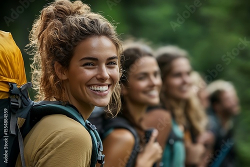 Happy Women Hiking Together in Forest