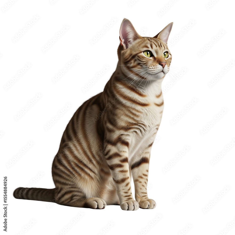 Fototapeta premium A beautiful tabby cat with striking green eyes sits attentively on a white background