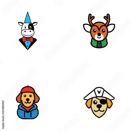 Adorable Animal Characters Cow, Deer, Dog Illustrations
