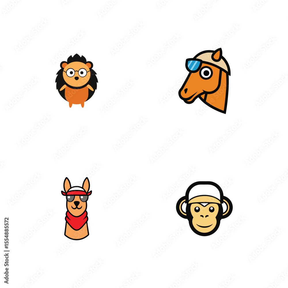 Fototapeta premium Adorable Animal Cartoon Characters Hedgehog, Horse, Llama, Monkey Illustrations