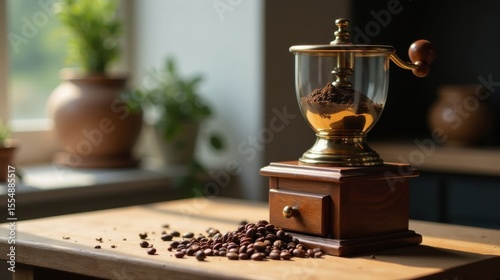 A vintage manual coffee grinder sits on a wooden table, filled with freshly ground coffee beans, sunlight streaming through a nearby window, showcasing a pile of roasted coffee beans spilled nearby.